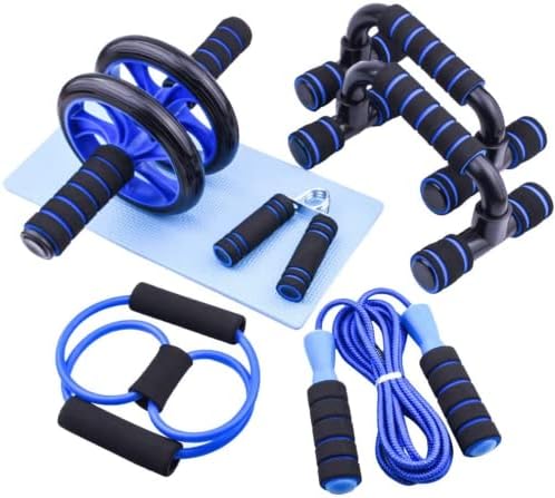 7-IN-1 Ab Roller Wheel Set With, 2 Push-Up Bars, Resistance Band, Skipping Rope, Hand Grip and Knee Pad, Fitness Workout at Home Gym, Multi-Functional Sports Equipment Father'S Day Gifts