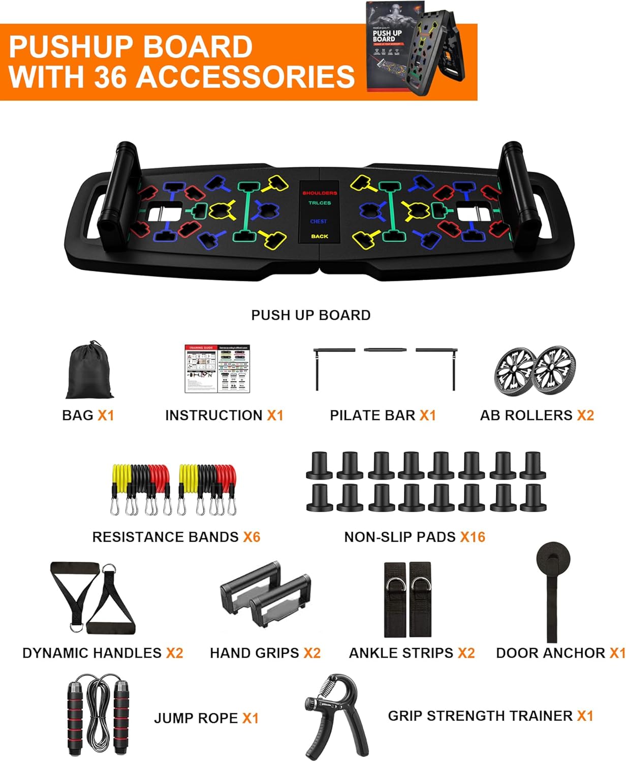 22-In-1 Home Gym Equipment, Portable Push up Stands Press up Board Handles for Floor Home Gym Systems with 36 Gym Accessories, Resistance Band Bar,Abdominal Rollers (Black)