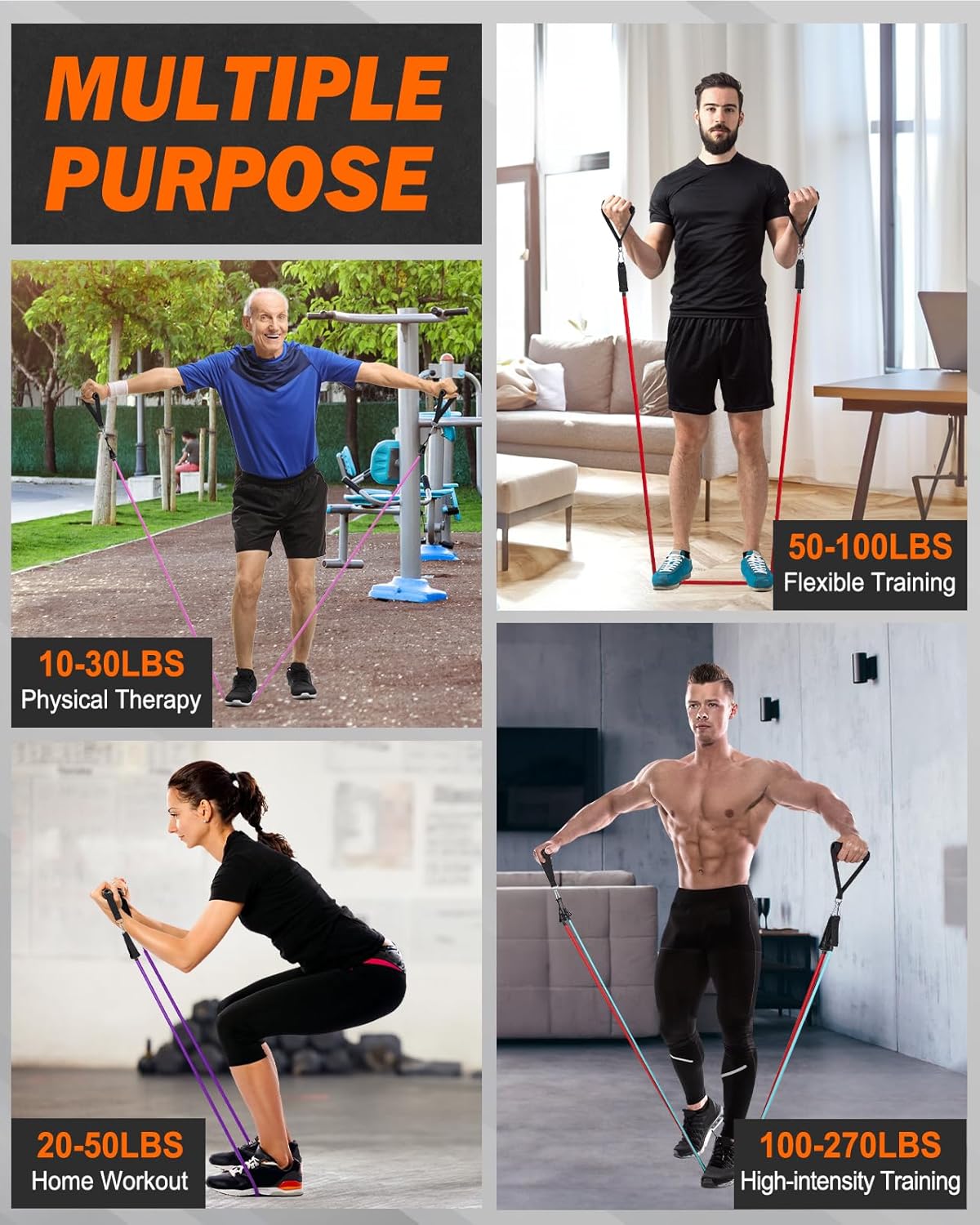 Resistance Bands Set - 6 Exercise Bands 270 LBS with Handles for Men Women, Fitness Bands with Door Anchor, Ankle Straps, Storage Bag for Heavy Resistance Training, Shape Body, Workout