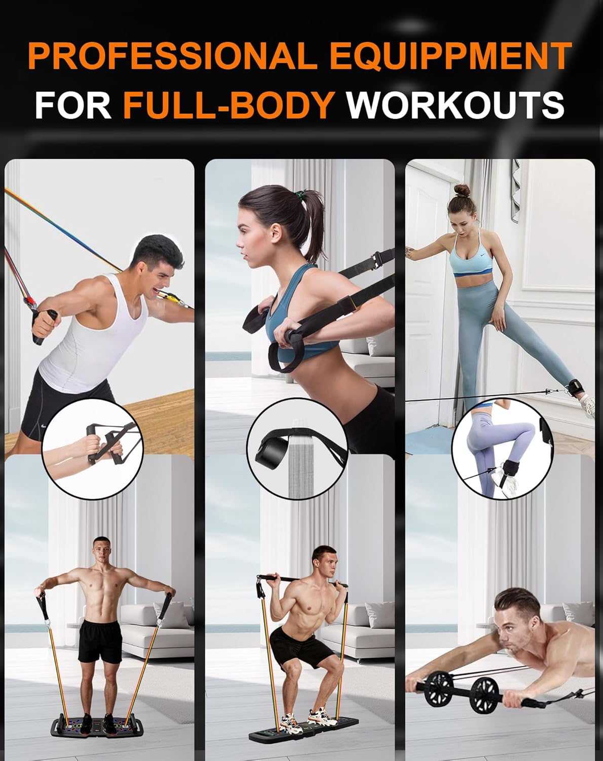 22-In-1 Home Gym Equipment, Portable Push up Stands Press up Board Handles for Floor Home Gym Systems with 36 Gym Accessories, Resistance Band Bar,Abdominal Rollers (Black)