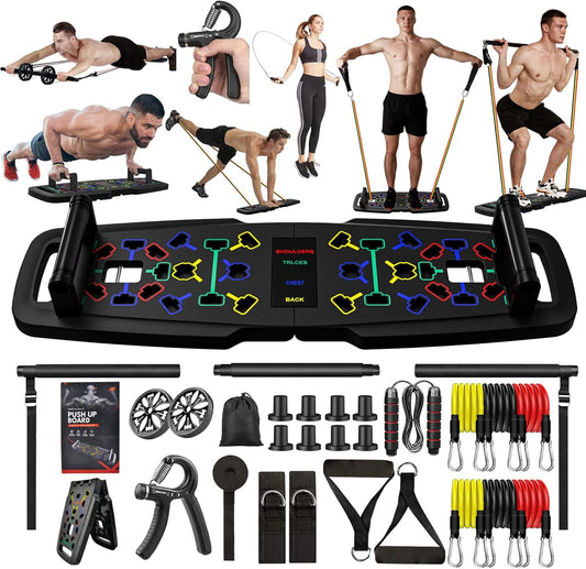 22-In-1 Home Gym Equipment, Portable Push up Stands Press up Board Handles for Floor Home Gym Systems with 36 Gym Accessories, Resistance Band Bar,Abdominal Rollers (Black)
